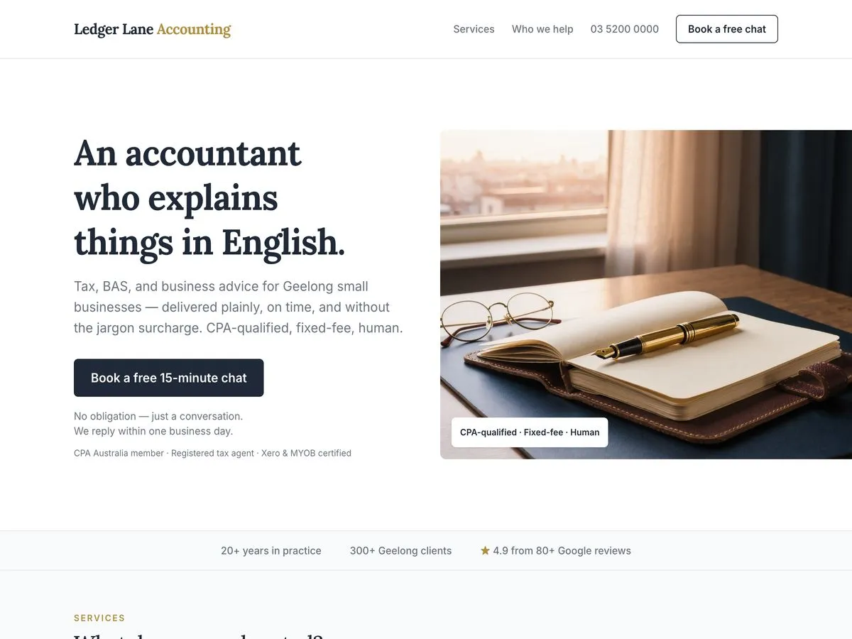 Screenshot of the Ledger Lane Accounting example website