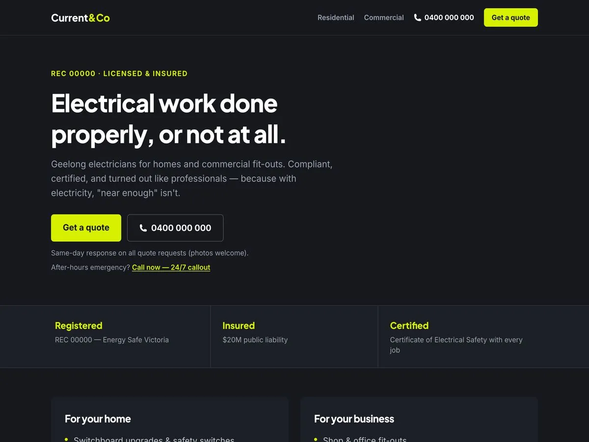 Screenshot of the Current & Co Electrical example website