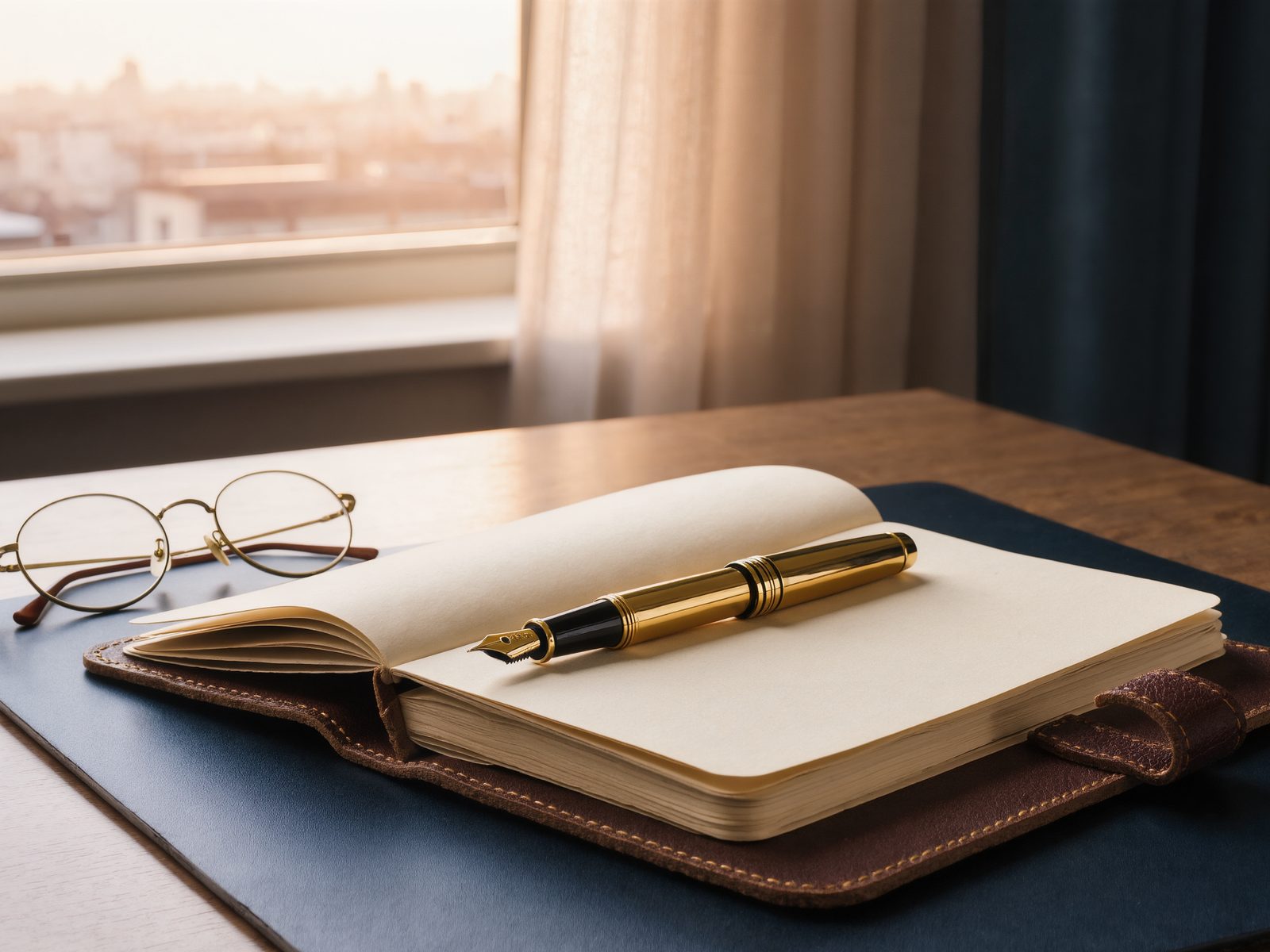 Quiet desk with leather-bound ledger, fountain pen and reading glasses
