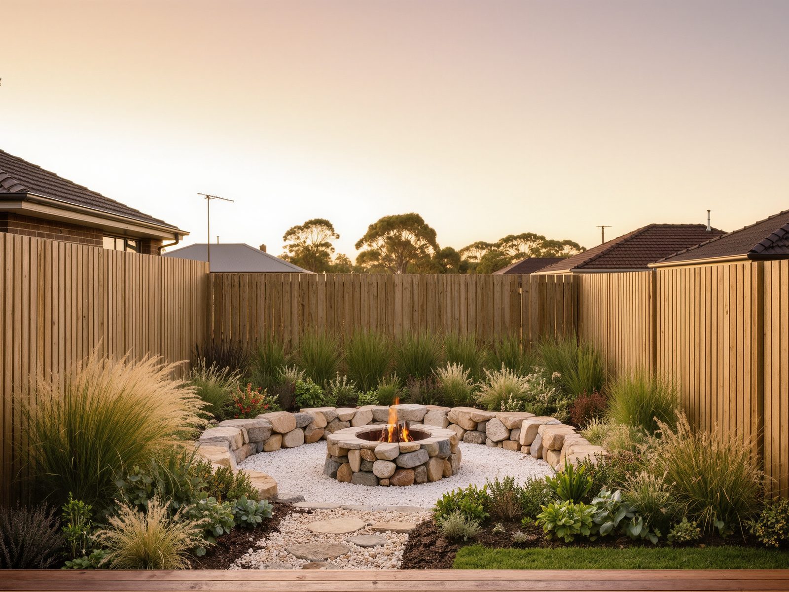 Native garden with stone fire circle and timber deck at golden hour