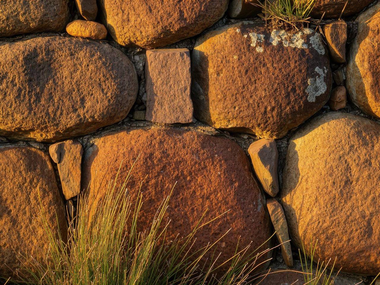 Natural stone wall detail with native grasses in warm afternoon light