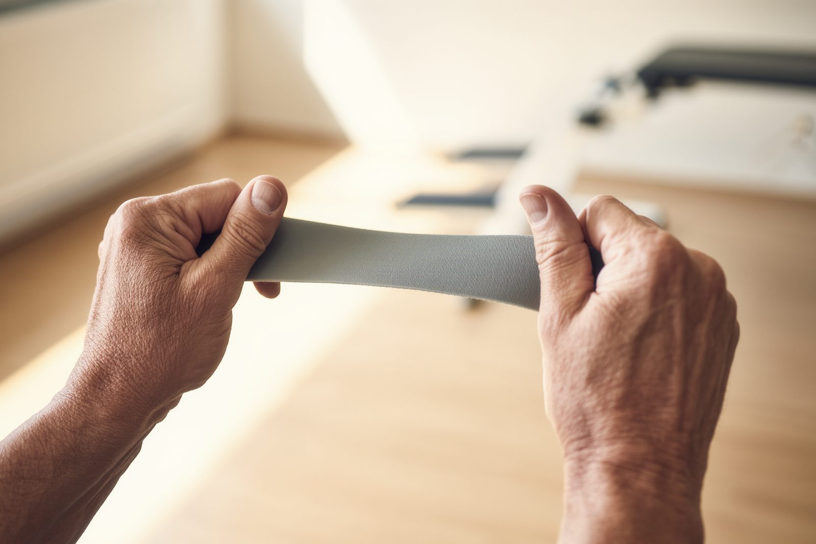 Hands adjusting a resistance band during a rehabilitation exercise