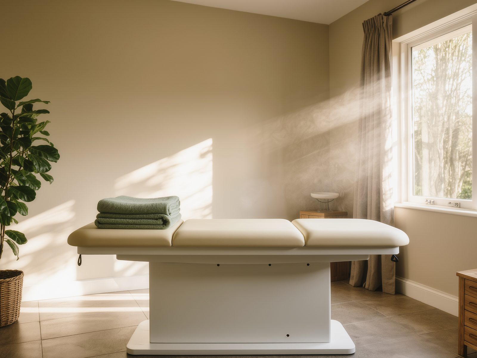 Bright calm treatment room with plinth, sage-green towel and indoor plant