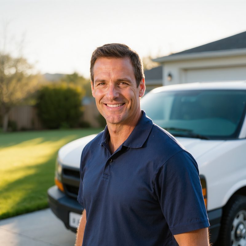 Portrait of the owner beside his work van